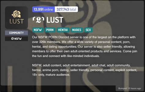 Lust is one of the best porn Discord servers, NSFW, and has more than 327K users, making this Discord porn server one of the biggest on the network. . Porn discod